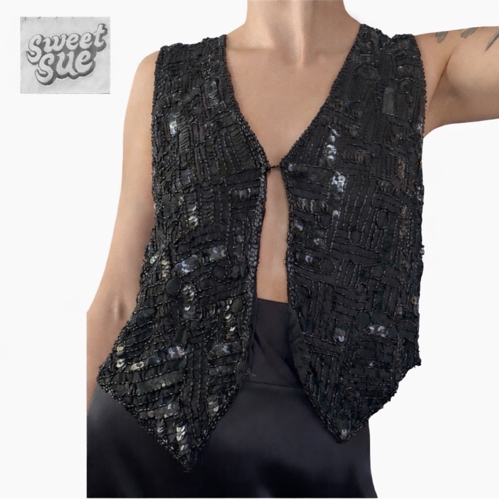Sweet Sue Black Silk Beaded Sequin Vest Small Vintage‎ Evening Open Front